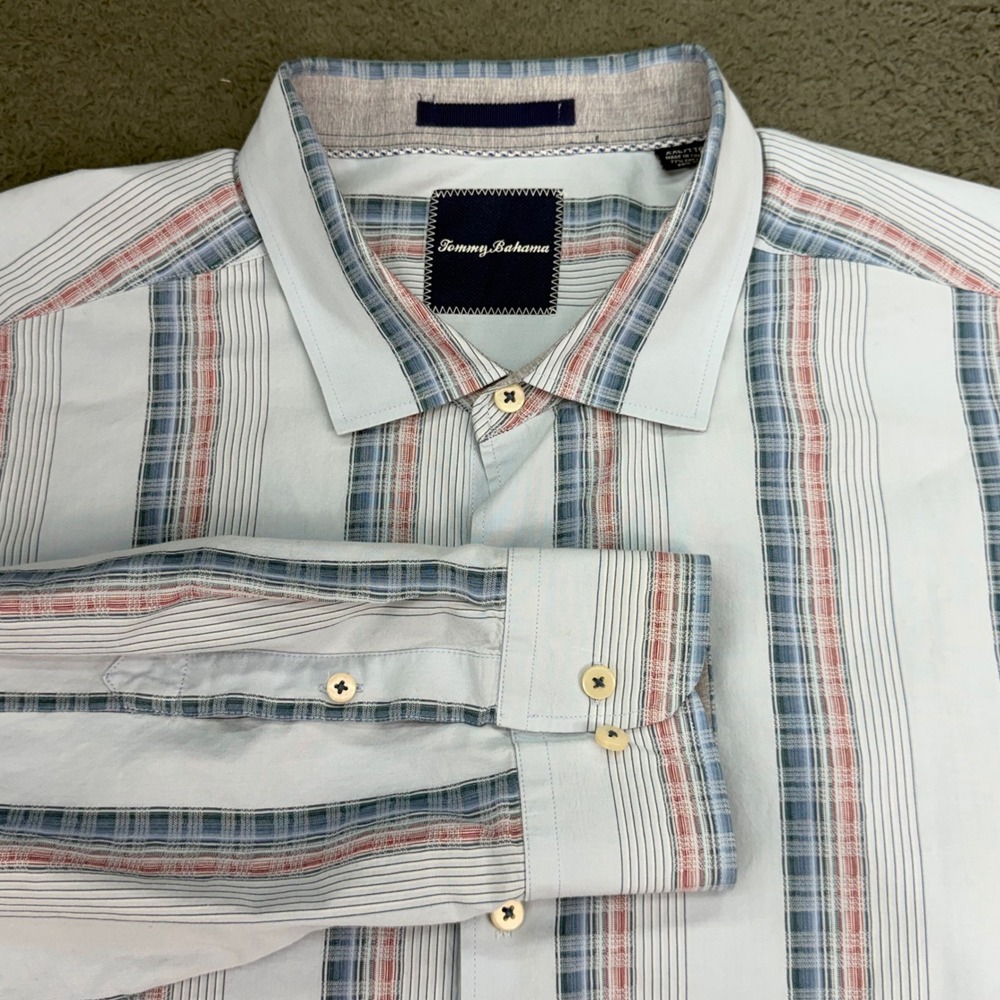 Tommy Bahama Button Down Shirt Mens XXL Blue Red Striped Silk Blend Long Sleeve